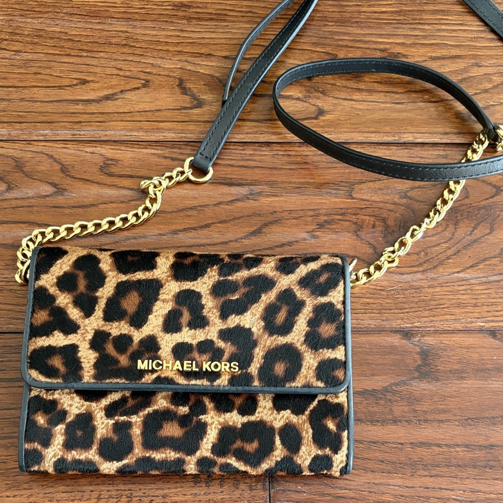 Michael Kors Animal Print Crossbody Bag with Gold Chain